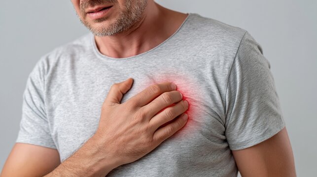 Man clutching chest in pain, experiencing heart discomfort or angina