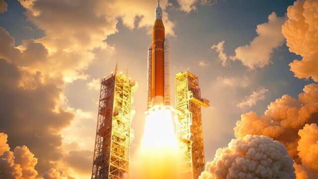 Heavy rocket launching from launchpad during sunset. Space exploration mission concept. Tilt up shot.