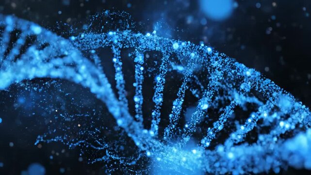 Blue DNA double helix structure highlighting geometric patterns and contemporary art
