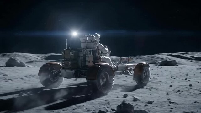Astronaut engineering team drives rover over moon surface with excitement
