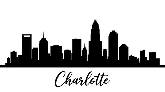 Silhouette skyline of Charlotte featuring Bank of America Corporate Center and modern skyscrapers. Minimal black and white design. No people. Bottom: "Charlotte" script typography.