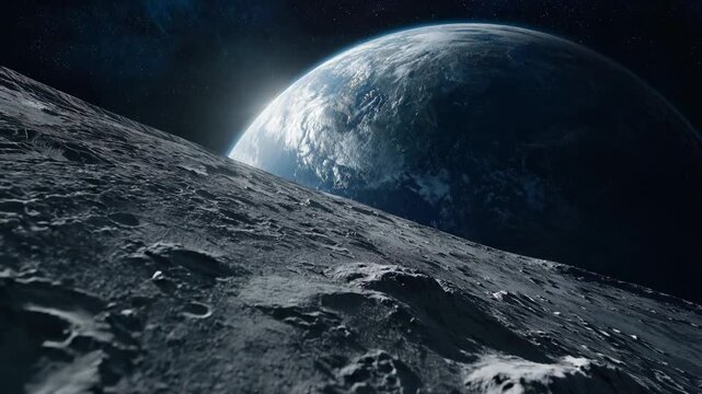 Lunar landscape scene. Starry cosmos with rugged terrain and shining planets above