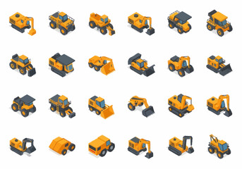 Collection of isometric construction vehicles and heavy machinery icons. © berkah nikah