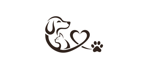 Fototapeta premium Line art illustration of a dog cat heart and paw print on a white background