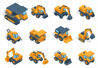 Collection of Yellow Construction Vehicles Isometric Icons. © berkah nikah