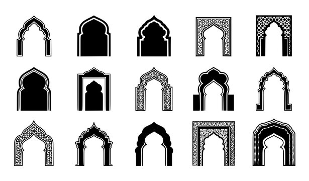 Islamic Arch Frame Icon Set with Mosque Doorways Arabic Decorative Borders and Geometric Patterns for Ramadan Eid and Cultural Architecture Design