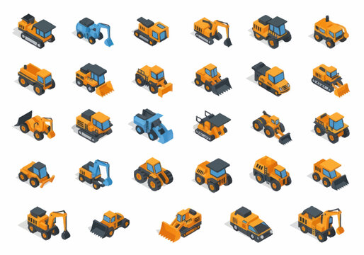 Collection of Construction Vehicles in Isometric View.