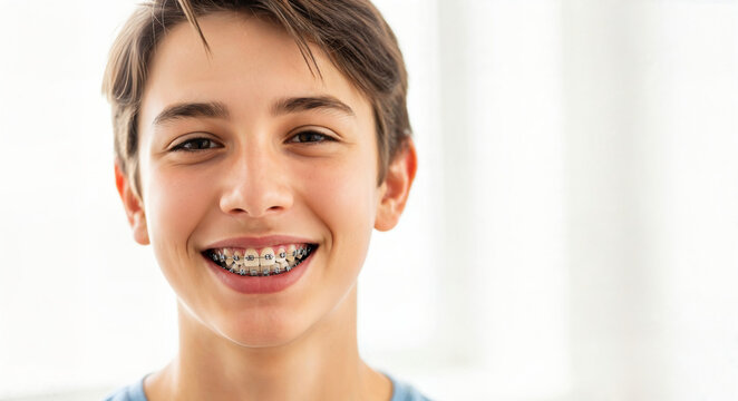 Smiling teenage boy with braces in bright indoor setting  