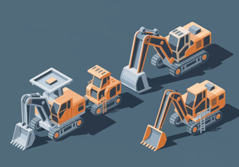 Construction Excavator Machines Set Isometric View. © berkah nikah