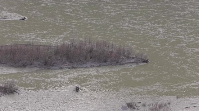Aerial View of a Wide, Murky River with a Small Treed Island in British Columbia, Canada