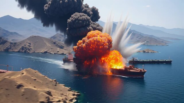 Oil tanker exploding in narrow strait surrounded by mountains. Maritime disaster concept with fire and thick black smoke. Panning aerial view.