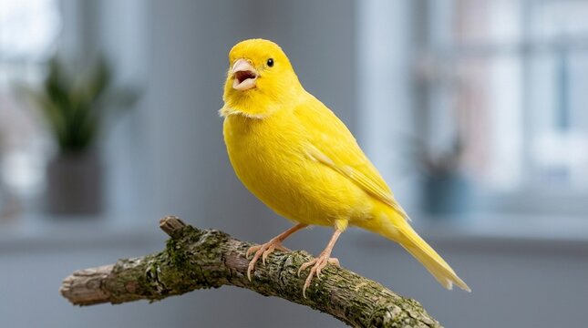 Canary Yellow, Adult Singing, Full Body Perch Bright Light, Close Alert Ears-Up Direct Gaze Portrait Phase One Iq4 150Mp Ls Large-Format Studio Strobe Cool North-Facing Studio Window
