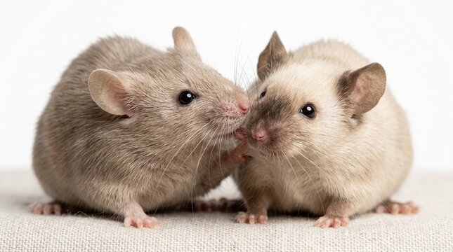 Fancy Mouse, Adult, Face Portrait Tiny Scale Whiskers, Close Macro Two Animals Together Social Interaction Shot Gm Studio Key Light Clean White Studio Strobe Two-Point Lighting