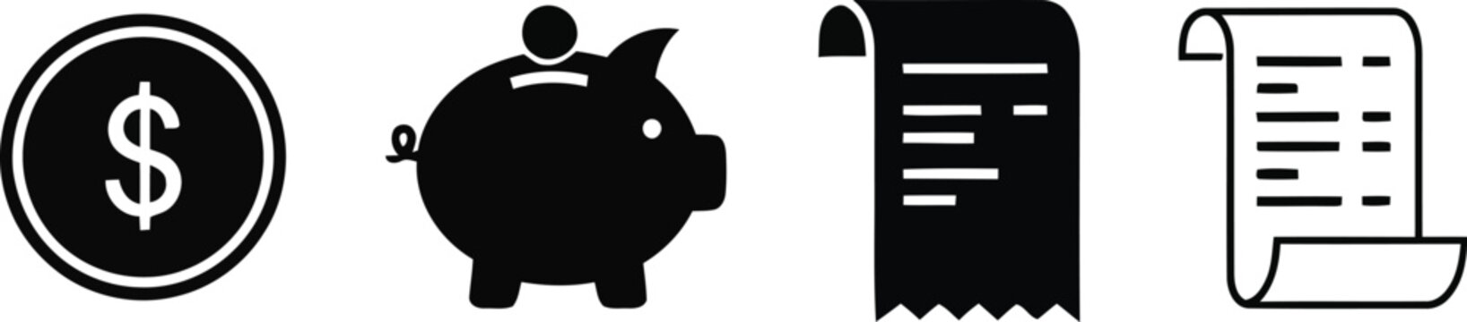 Black icons of dollar coin, piggy bank, receipt, and bill