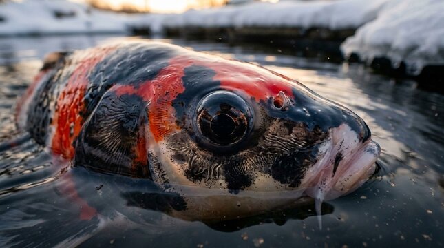 Koi Fish Showa, Adult Black Red White Pattern Pond, Close Extreme Close-Up Golden Hour Ambient Light Snow-Reflected White Natural Fill Light, Winter Scene