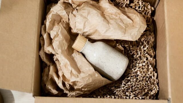 Hands gently cradle a speckled bottle within a cardboard box surrounded by crump paper as an elegant display of sustainable product packaging and careful fulfillment for a modern retail delivery.