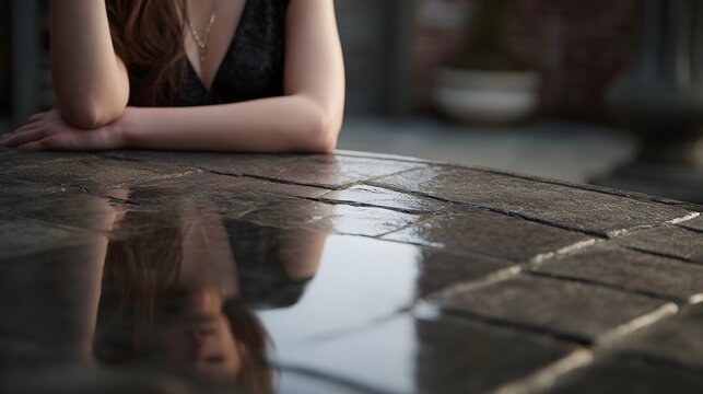 A reflective stone surface supports the relaxed forearms of a person in soft atmospheric daylight
