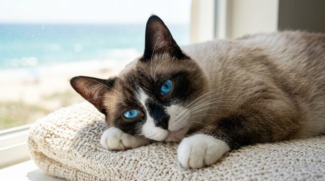 Snowshoe, Adult, Face Portrait Blue Eyes White Mitts Seal Points, Sleeping Or Resting Peaceful, Close Portrait E Soft Window Sidelight Bright Beach Midday Sun Colour Saturated