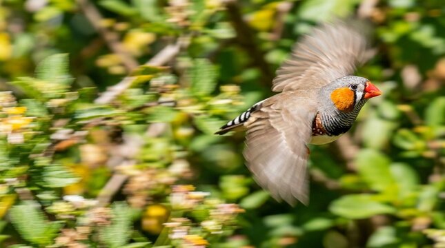 Zebra Finch Male Orange Cheek Patch, Close Portrait Tiny Scale, Playful Dynamic Motion Blur Panning Shot Garden Ambient Light Bright Beach Midday Sun Colour Saturated