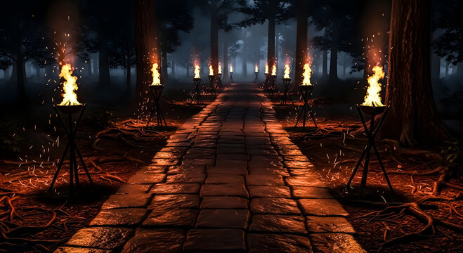 Stone pathway lined with glowing flaming torches leading into a mysterious dark forest at night with warm firelight casting dramatic shadows on the old path
