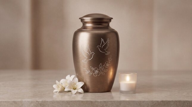 Ashes urn with doves and flowers next to candle on neutral background  