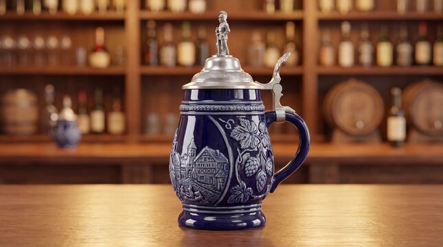 Blue ceramic beer stein with pewter lid on wooden bar counter  