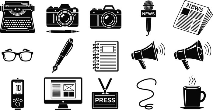 Typewriter, Camera, Microphone, Newspaper, and Press Tools for Reporting, News, and Communication Themes