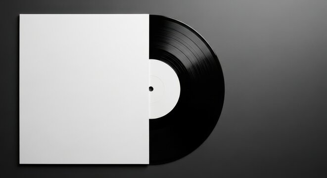 A blank vinyl record resting on a reflective surface with a black background