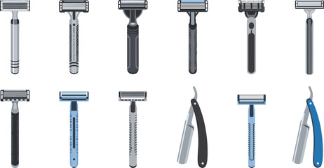 Fototapeta premium Manual Razor Vector Set Featuring Multiple Grooming Tool Designs Including Safety Razors And Straight Razors In Blue Grey And Black For Men's Personal Care And Barber Shop Portfolio Designs