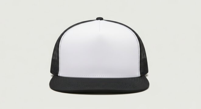 Classic black and white trucker style baseball cap with flat brim