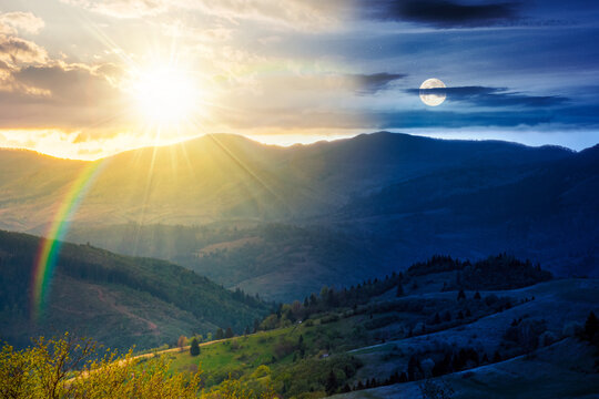day meet night. mountainous countryside scenery. epic sky view above the valley. sun and moon over green fields and trees on the hills. nature scenery of carpathian mountains. harmony concept