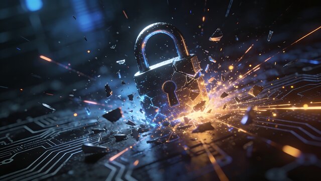 The digital padlock shatters into numerous small pieces, signifying a severe data breach, against a backdrop of a bleak future cybersecurity landscape.