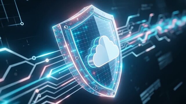 Sparkling digital shield cloud circuitry line technology, secure abstract animation, system protection concept, safe data flow