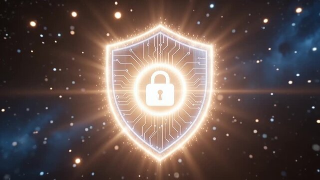 Sparkling digital shield circuitry lines lock protection glowing cyber safety secure animation concept abstract background