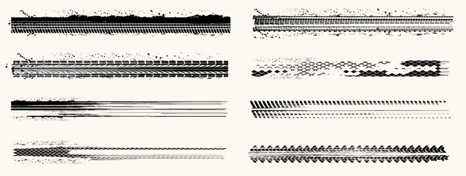 Collection various black tire tread patterns. Grunge vector illustration with dirty wheel prints, mud splatters, skid marks. High contrast design for automotive, racing, urban concepts