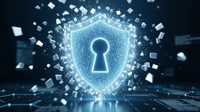 Sparkling digital shield keyhole animation abstract technology concept representing secure connection protection safe privacy