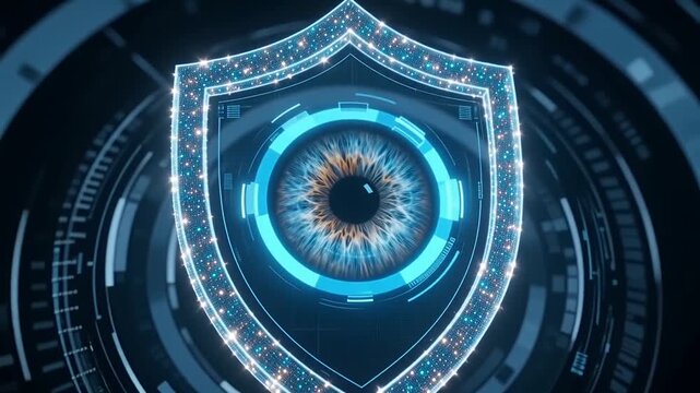 Sparkling digital shield retinal scanner animation futuristic security cyber protection glowing eye biometric technology focused