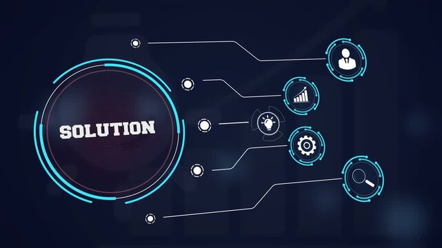 Business solution concept for corporate problem solving with digital technology icons, ideal for professional consulting and software service presentations