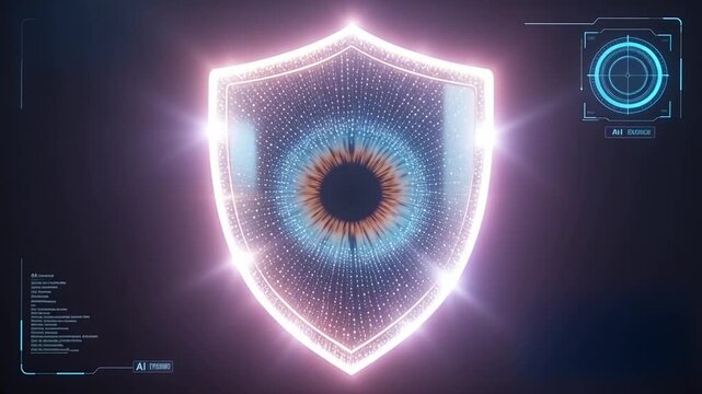 Sparkling digital shield retinal scanner technology security protection concept animation, secure biometric eye safety futuristic