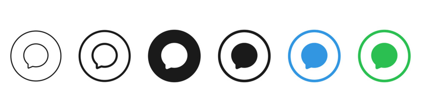 Chat message button Circular comment icon set : collection of speech bubble icons in circle buttons, featuring minimalist outline, bold, filled, and flat color design styles. for social media