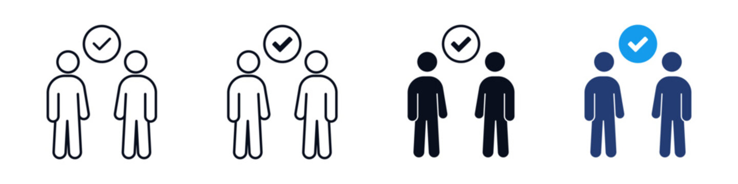 Business agreement people check icon set : Two people icon set with check mark symbolizing agreement, team approval, teamwork, and partnership, for successful business, contracts, and collaboration