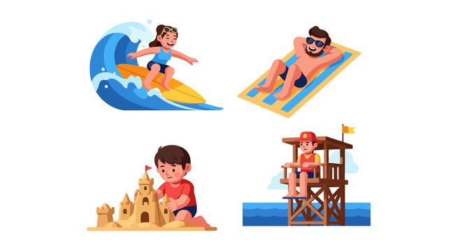 Summer Beach Activities Collage With Surfing Sandcastle Lifeguard And Sunbathing.