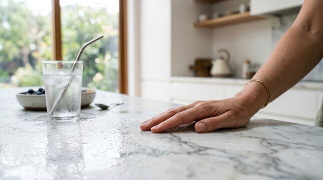 Hand resting on a wet marble countertop next to a glass of water with a metal straw and blueberries, soft natural light, kitchen interior
