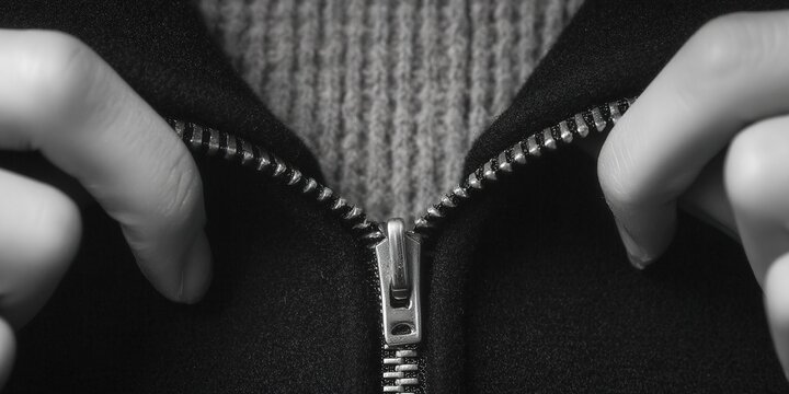 Hands Unzipping Black Jacket
