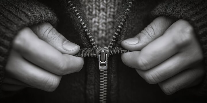 Hands zipping up a jacket, black and white photo.