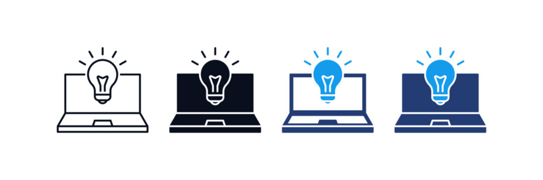 Laptop With Light Bulb Icon Set For Creative ; laptop icons with a lightbulb symbol, representing digital innovation, smart ideas, innovation, creativity, digital solutions, and online creative work.