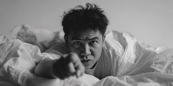 Man in Bed Pointing Frustratedly at Camera