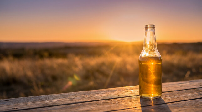 Botella de bebida iluminada por luz dorada de atardecer, fondo minimalista, flare natural, estilo cinematogr&aacute;fico, copy space amplio.
