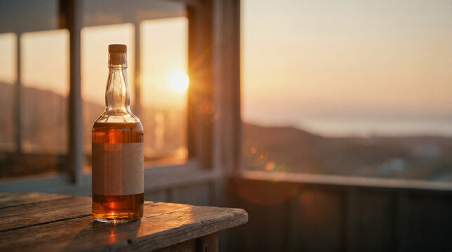 Botella de bebida iluminada por luz dorada de atardecer, fondo minimalista, flare natural, estilo cinematogr&aacute;fico, copy space amplio.