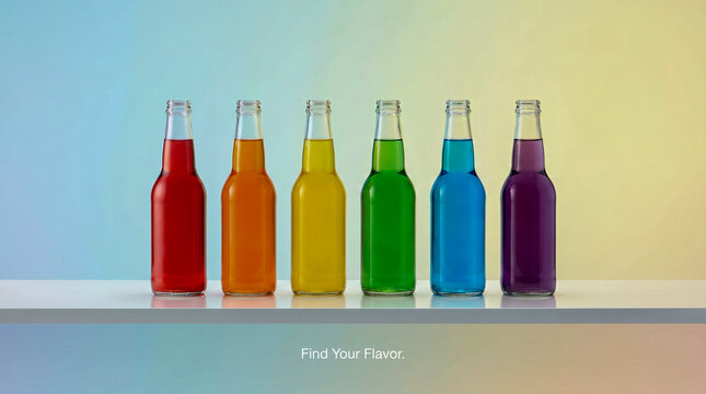 Fila de bebidas de colores vibrantes alineadas sobre fondo degradado, iluminaci&oacute;n uniforme, estilo minimalista publicitario.